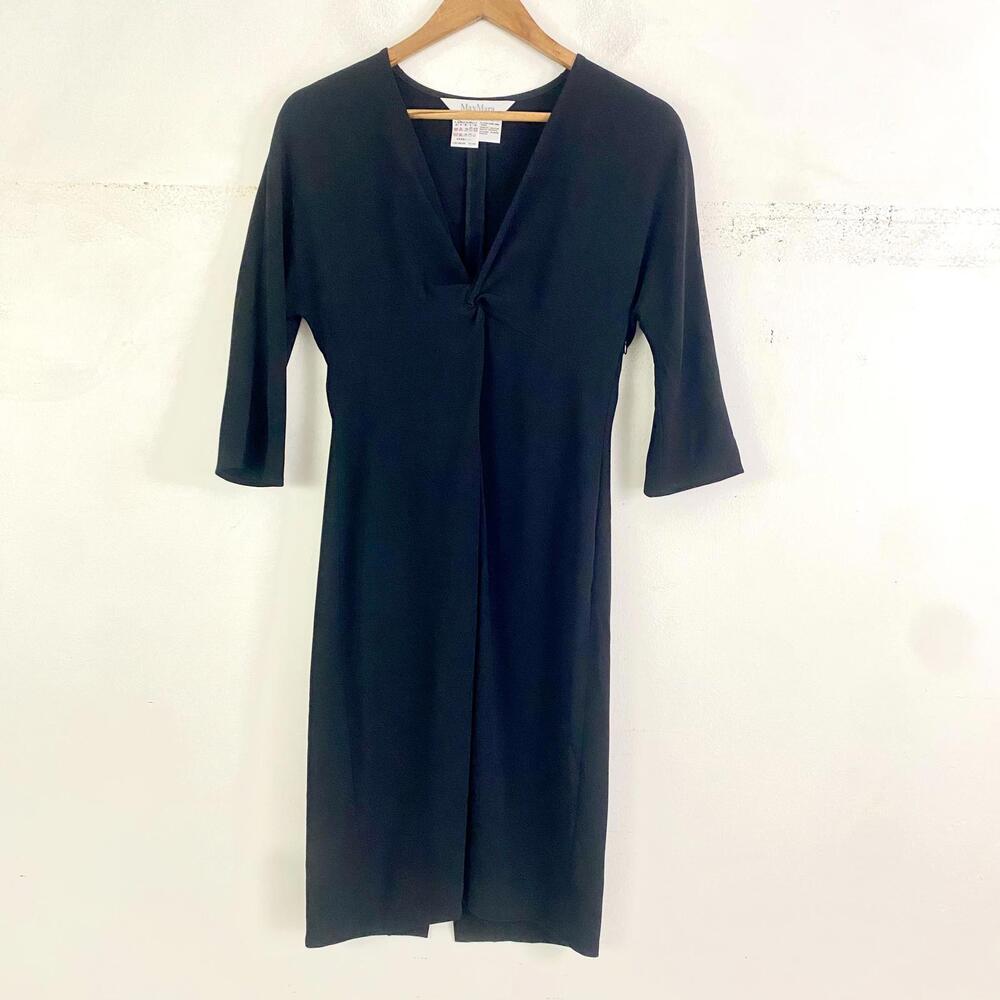 MAX MARA black V-neck twist knee length dress sz 6